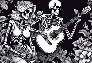 a male and a female skeleton. The male skeleton is playing the guitar. The female skeleton has a hibiscus flower. tattoo idea