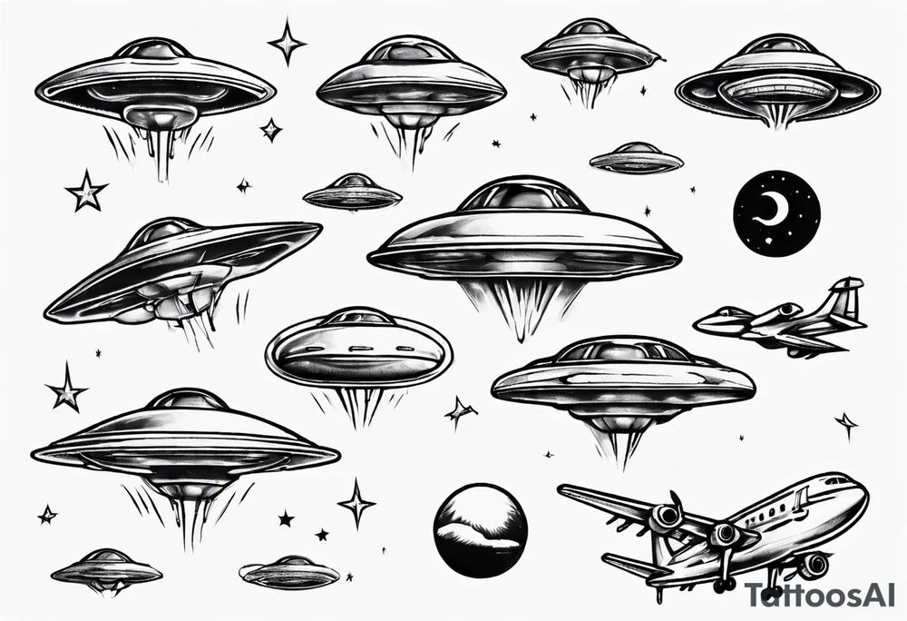 UFO flying next to plane tattoo idea