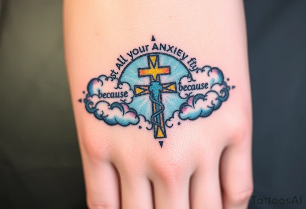 cast all your anxiety on him because he cares for you"  surrounded with clouds and cross tattoo idea