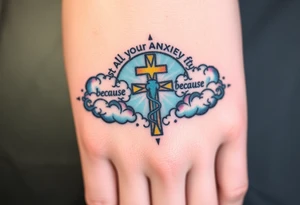 cast all your anxiety on him because he cares for you"  surrounded with clouds and cross tattoo idea