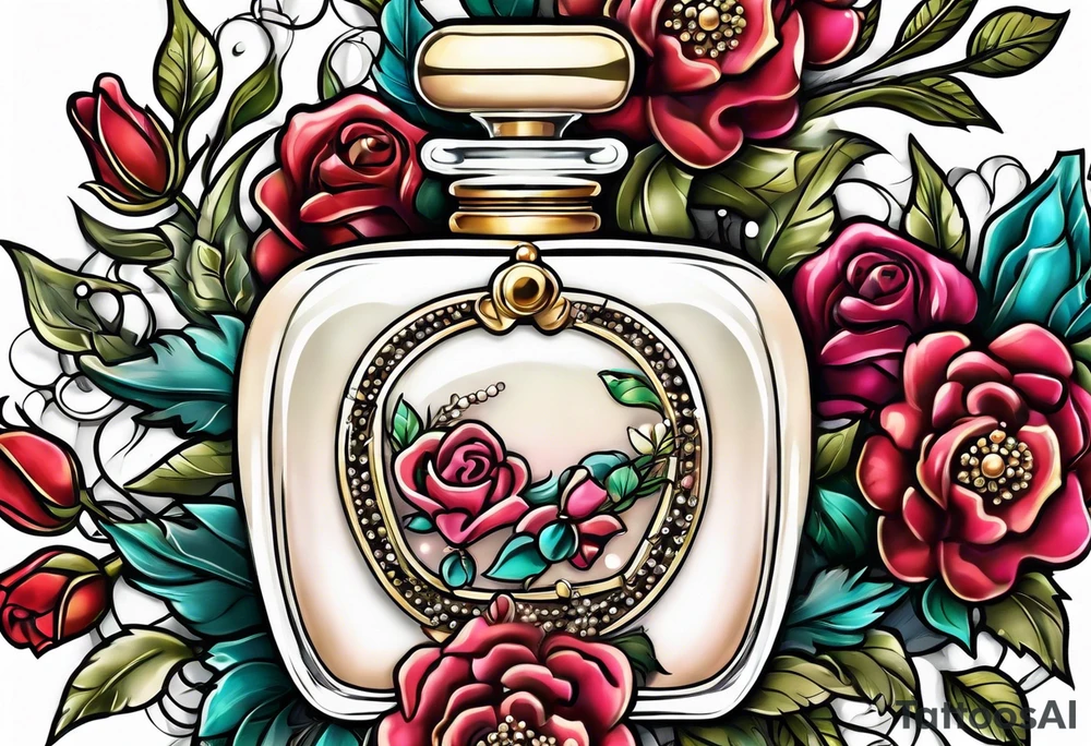 Pearl necklace wrapped around 1950s perfume bottle with flowers and bows surrounding tattoo idea