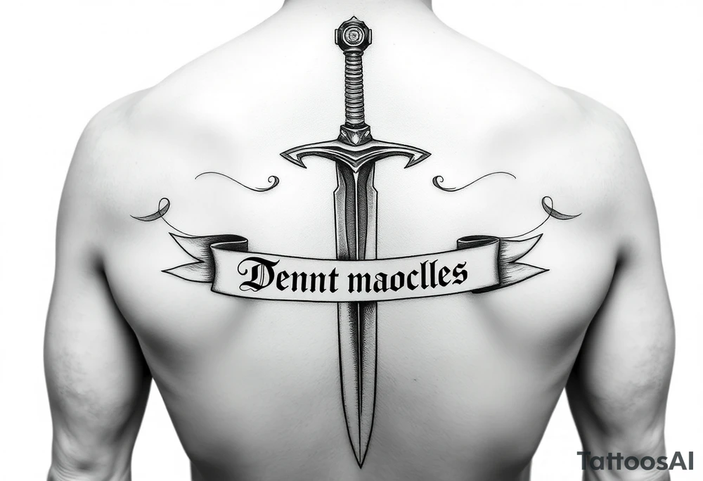 Please generate a tattoo style as close to reality as possible.

The sword should cover my back from top to bottom, passing over the spine with great relief and detail, surrounded by a lengthwise scroll written in fine italic lettering “Sword of Damocles”. tattoo idea