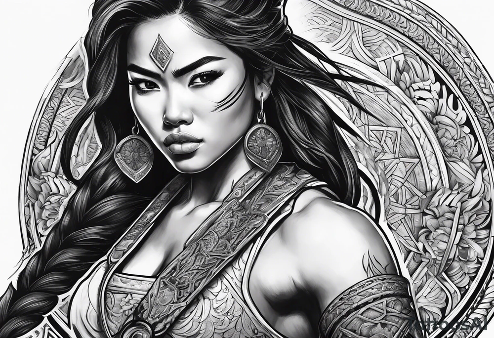 Strong Filipino female warrior pretty face Balisong alibaba fighting tattoo idea