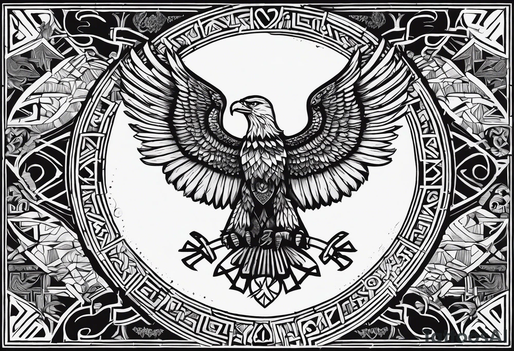 Polish eagle surrounded by viking runes sitting on the tree of life, scattered random geometric shapes and ancient artifacts, include Bruce Springsteens simply the best song tattoo idea