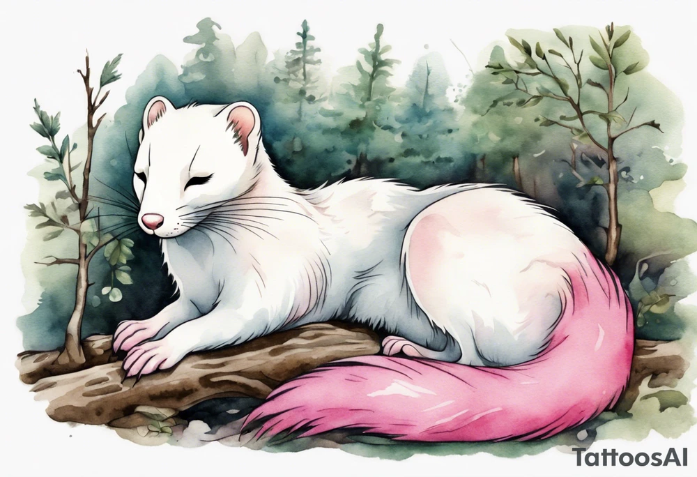an ermine with pink fur sleeping in the forest tattoo idea