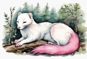 an ermine with pink fur sleeping in the forest tattoo idea