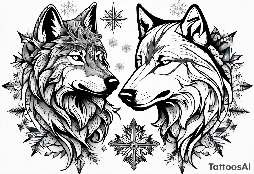 Constellation, two animal wolf, snowflake tattoo idea