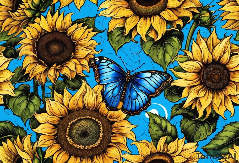 Sunflowers, full moon, blue morpho butterflies, cross tattoo idea