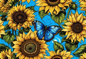 Sunflowers, full moon, blue morpho butterflies, cross tattoo idea