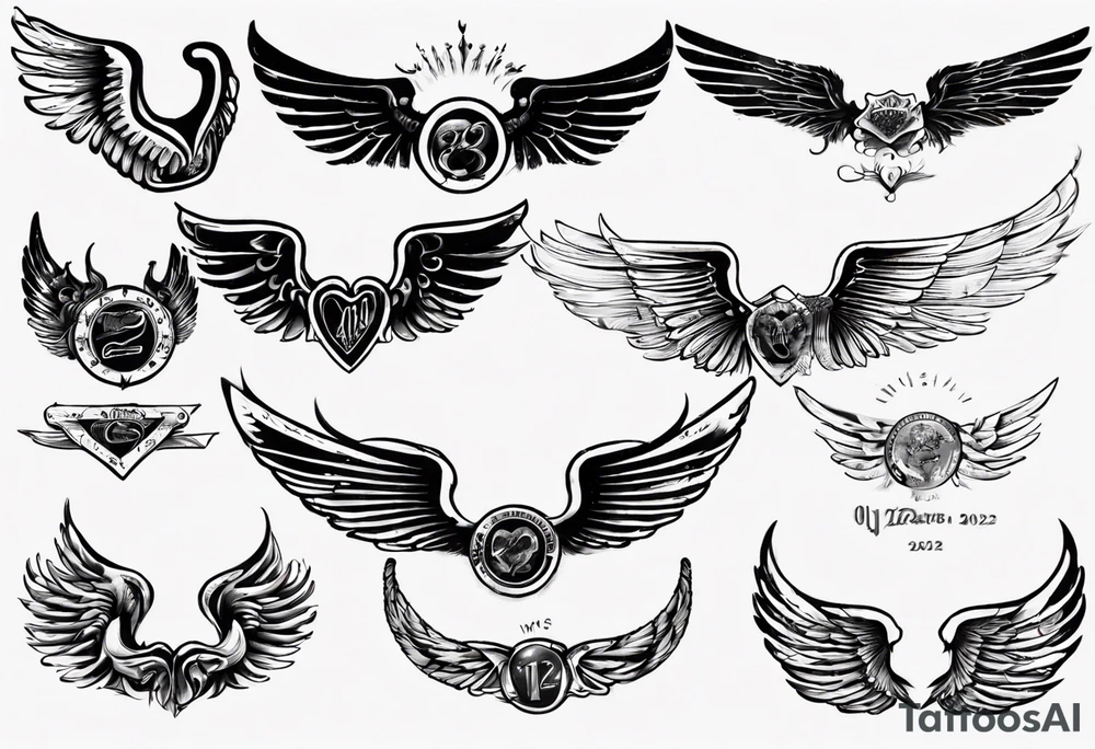 Wings with the dates (1) 09/12/2012 and (2) 24/10/2023 in between the wings tattoo idea