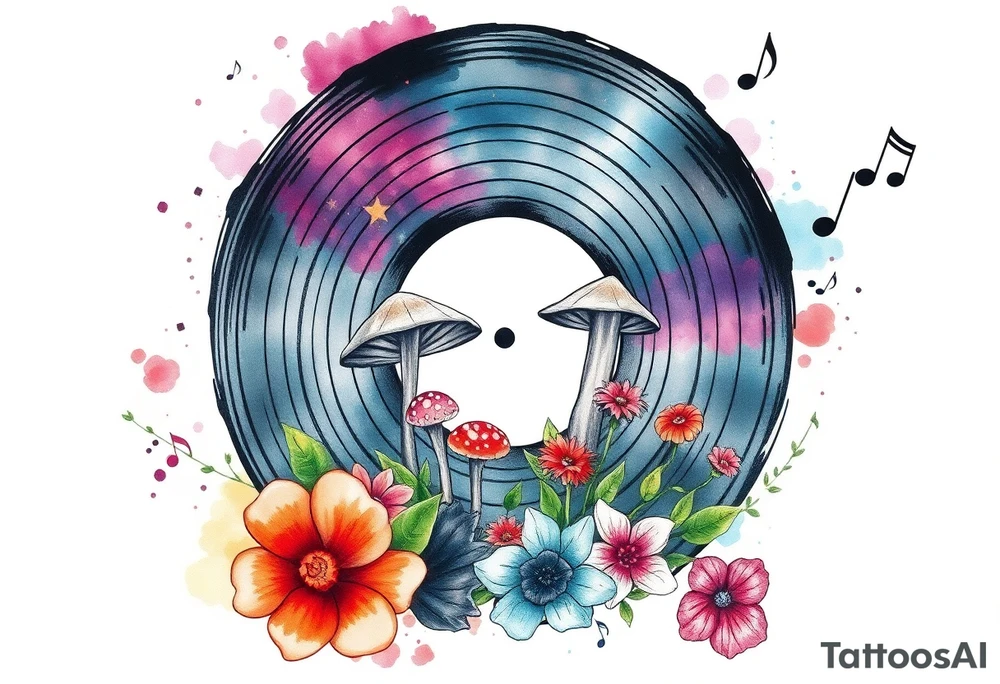 vinyl record with mushrooms, flowers, and music notes tattoo idea