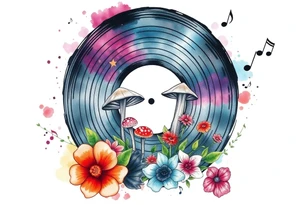 vinyl record with mushrooms, flowers, and music notes tattoo idea