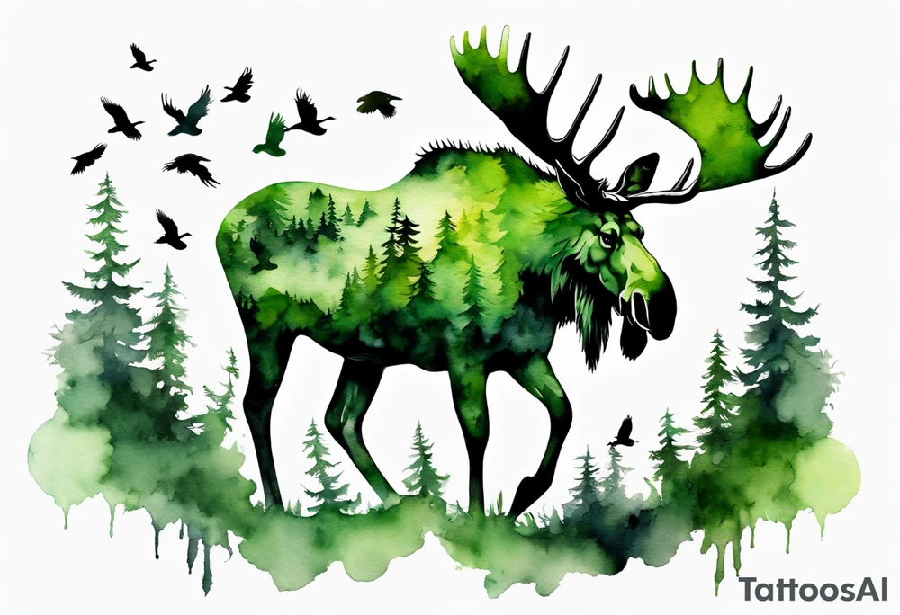 a giant green mossy moose covered with shadow birds tattoo idea