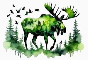 a giant green mossy moose covered with shadow birds tattoo idea