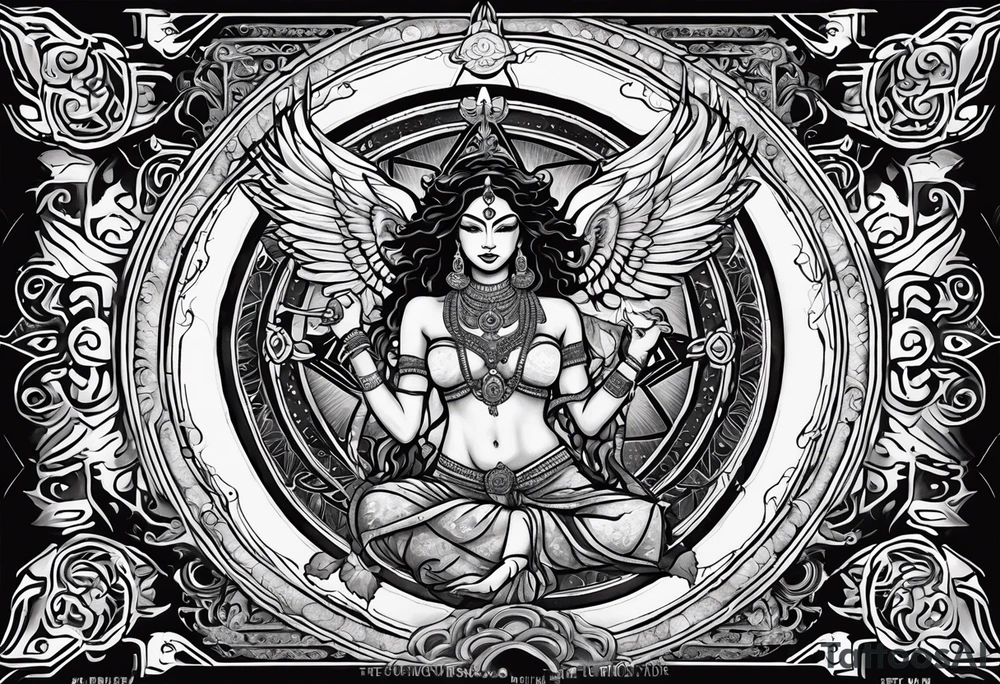 black kali, goddess pirate, alien, angel, pachamama, valkrye, warrior, flying, skull, lotus azul, wing, eagle, zenza resonance, stars, 5D, anahata chakra, death, durga, riding on a tiger, flying lady, kundalini, chest tatoo, rebel tattoo idea