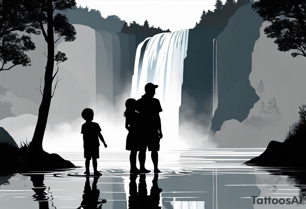 Silhouette of father standing in between daughter and younger son in front of water with reflection and waterfall with the waterfall only being blue. Everything else black and white tattoo idea