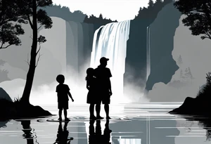 Silhouette of father standing in between daughter and younger son in front of water with reflection and waterfall with the waterfall only being blue. Everything else black and white tattoo idea