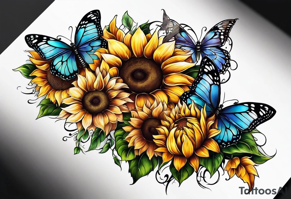 Arm sleeve with sunflowers and butterflies tattoo idea