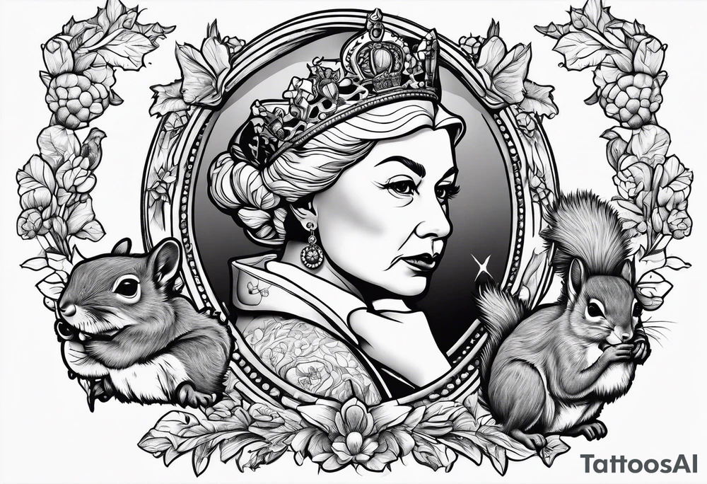 the queen of england shooting a pistol at a squirrel tattoo idea