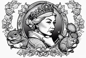 the queen of england shooting a pistol at a squirrel tattoo idea