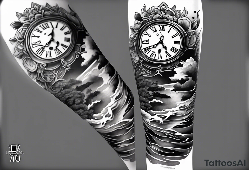forearm sleeve, clock, stairs tattoo idea