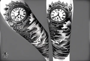 forearm sleeve, clock, stairs tattoo idea
