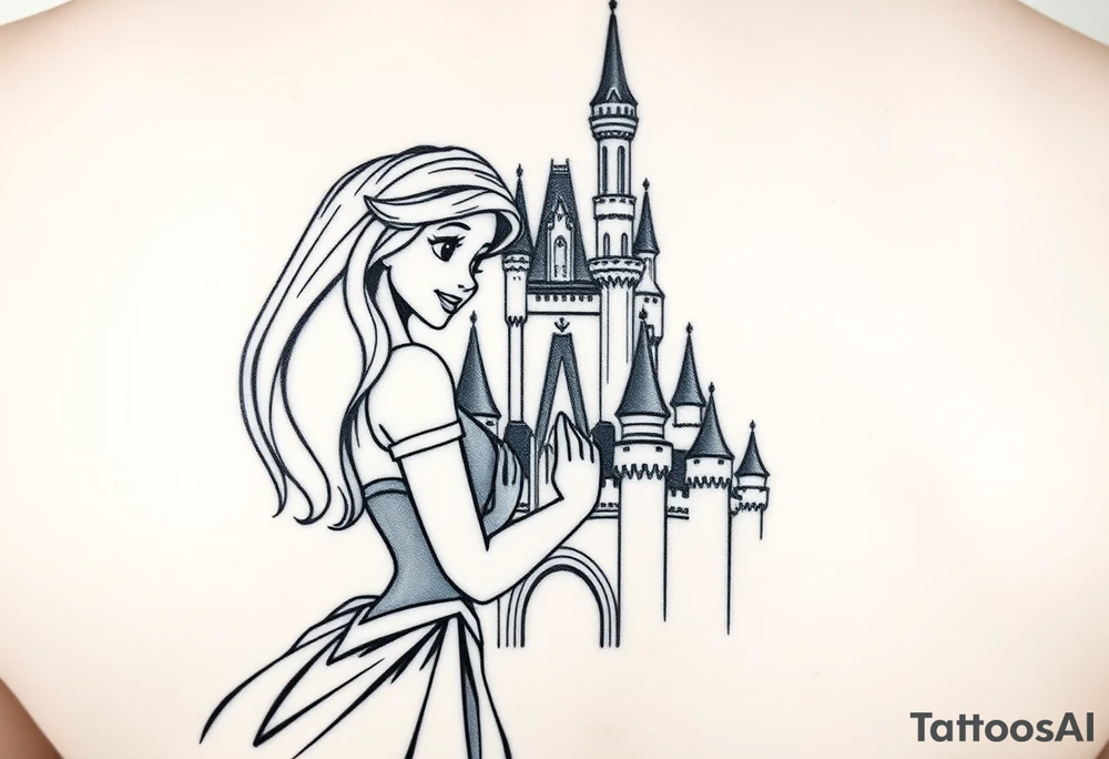 Disney princesses ariel and bell, hugging inn front of disney castle, black and white realism,castle can be outlined no need for details. tattoo idea
