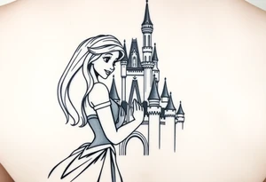 Disney princesses ariel and bell, hugging inn front of disney castle, black and white realism,castle can be outlined no need for details. tattoo idea