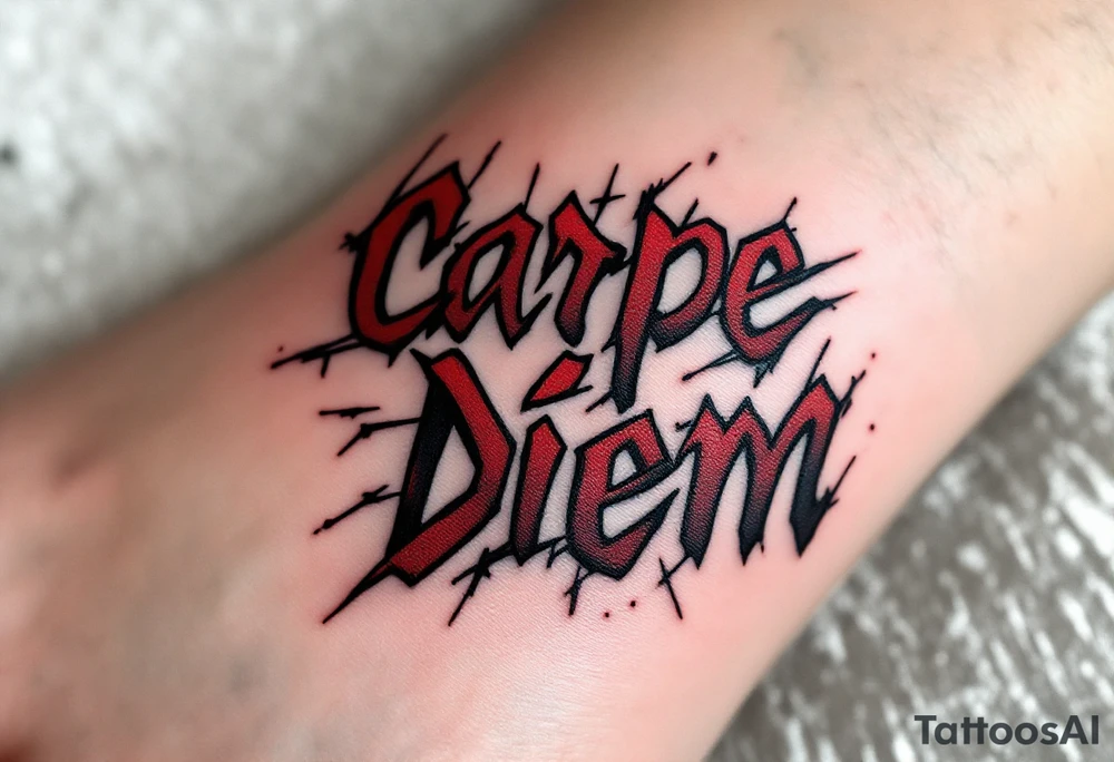 Graffiti-inspired bold red and black lettering "carpe diem", giving the tattoo an urban, rebellious edge. tattoo idea