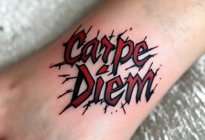 Graffiti-inspired bold red and black lettering "carpe diem", giving the tattoo an urban, rebellious edge. tattoo idea