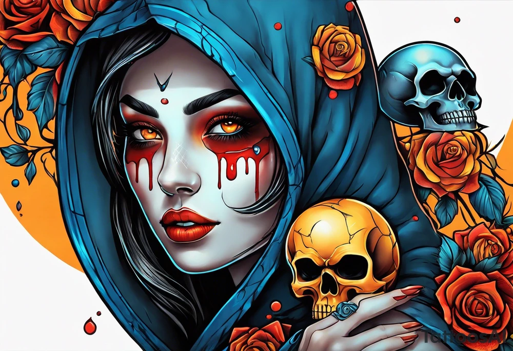 Bright bold Neo traditional tattoo scarred hooded woman with skulls and blood Holding a blue glowing sphere.  Orange, yellow, red, blue colors tattoo idea