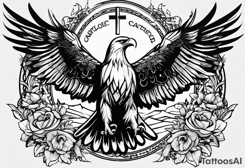 A tattoo that states catholic religion, pain and discipline to achieve your goals in life. it should be placed on the upper back. symbol of an eagle, fish, pigeon tattoo idea