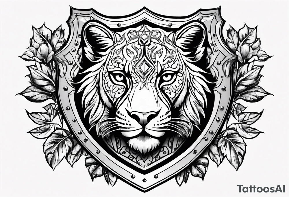 A shield with leopar head as shield's emblem. The shield would be hang on a ivy planted wall tattoo idea