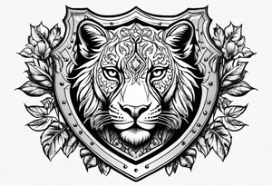 A shield with leopar head as shield's emblem. The shield would be hang on a ivy planted wall tattoo idea