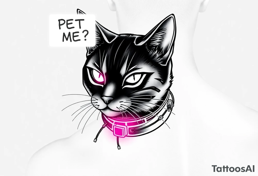 Cybernetic Cat with a Holographic CollarA sleek, cyberpunk cat with one glowing eye and mechanical enhancements.A floating AR display above its head showing "PET ME?"Whiskers made of thin fiber-optic cables. tattoo idea