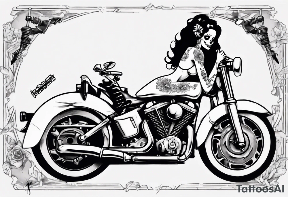 Skeleton pinup doll sitting on a motorcycle tattoo idea Skeleton pinup doll sitting on a motorcycle tattoo idea