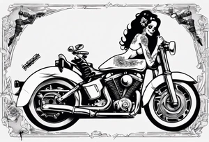 Skeleton pinup doll sitting on a motorcycle tattoo idea