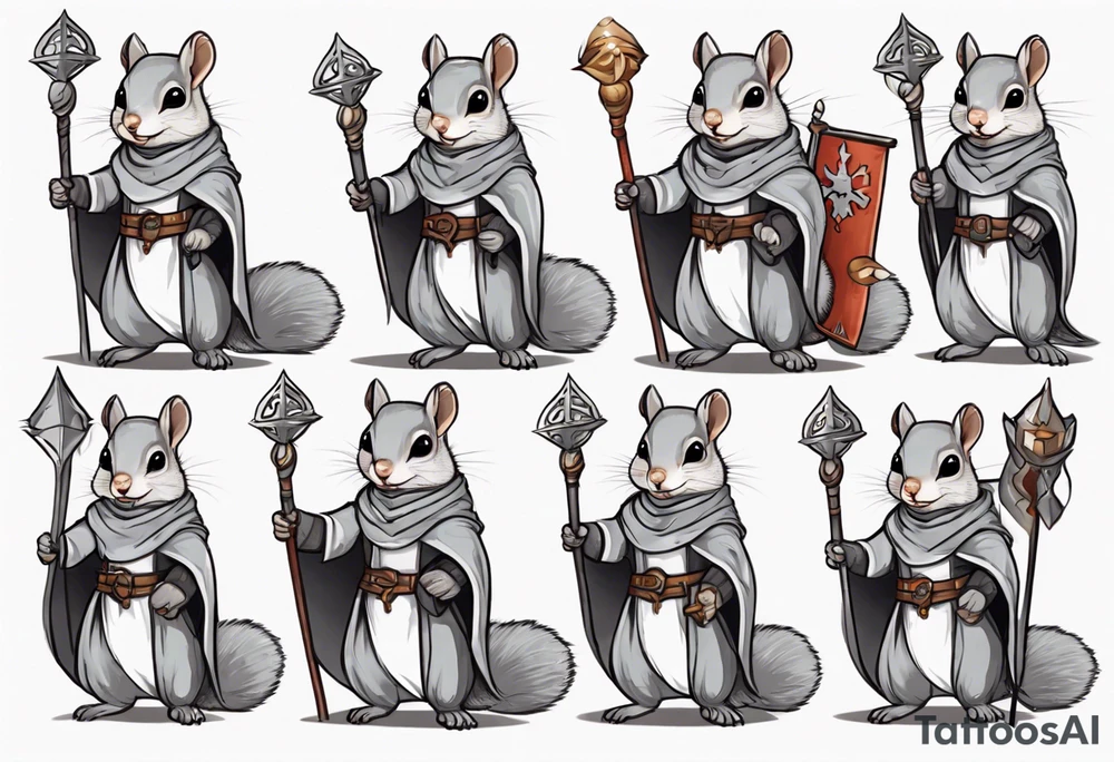 a grey squirrel dressed in a medieval tunic holding a silver staff tattoo idea