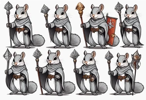 a grey squirrel dressed in a medieval tunic holding a silver staff tattoo idea