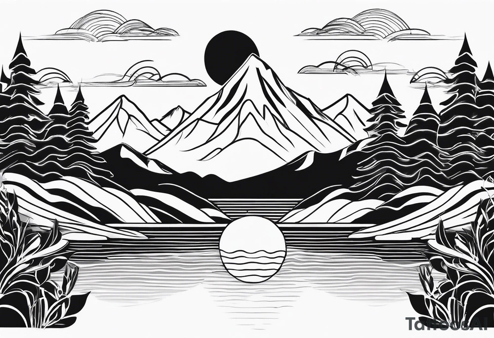 Line art one line minimalist sun mountain water tattoo idea