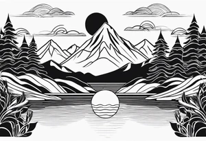 Line art one line minimalist sun mountain water tattoo idea