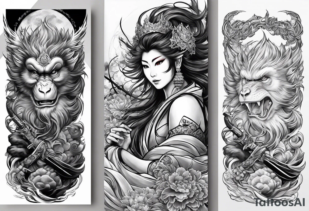 create a full arm sleeve tattoo containing a combination of the following; the monkey king with weapon, a japanese dragon, and
 shrouded mother holding a baby tattoo idea