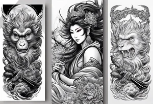 create a full arm sleeve tattoo containing a combination of the following; the monkey king with weapon, a japanese dragon, and
 shrouded mother holding a baby tattoo idea