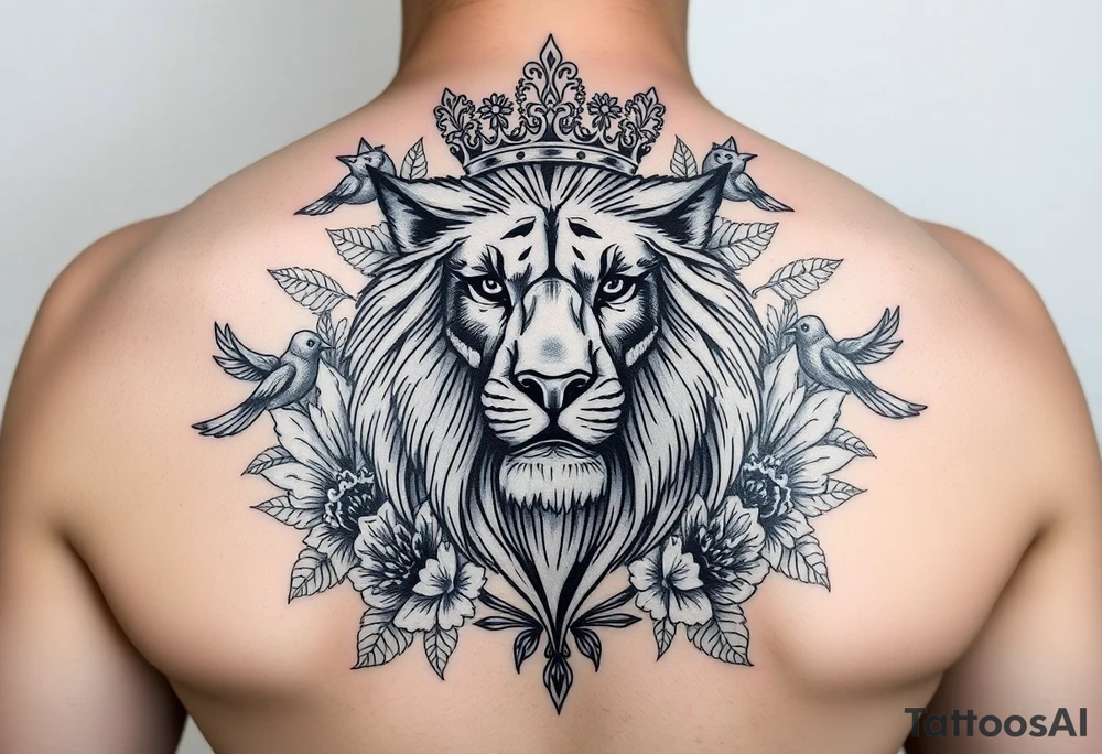 powerful majestic lion with a crown, surrounded by floral ornaments and birds tattoo idea