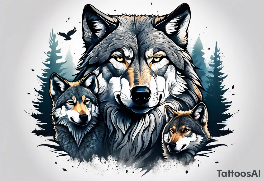 Alpha wolf protecting 2 cubs in forest tattoo idea