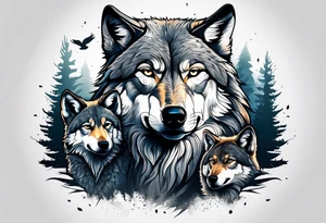 Alpha wolf protecting 2 cubs in forest tattoo idea