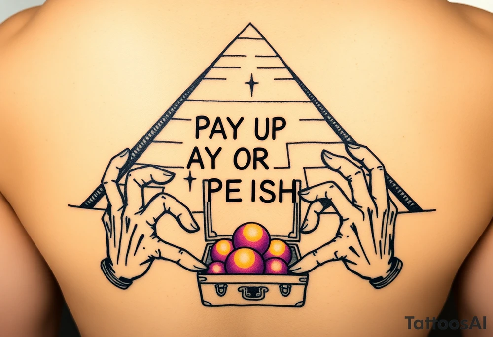 "Great Pyramid with 'PAY UP OR PERISH' carved in hieroglyphs. Alien hands (in white gloves) exchange a briefcase of glowing orbs.  

Style: 1950s pulp sci-fi. Colors: sand yellow/black/purple." tattoo idea