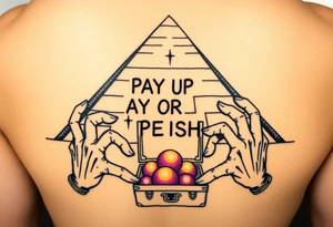 "Great Pyramid with 'PAY UP OR PERISH' carved in hieroglyphs. Alien hands (in white gloves) exchange a briefcase of glowing orbs.  

Style: 1950s pulp sci-fi. Colors: sand yellow/black/purple." tattoo idea
