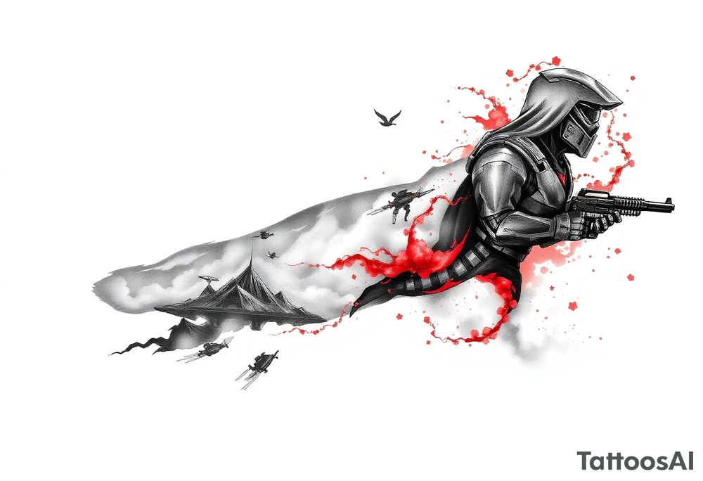 Full arm sleeve tattoo design, black and grey sketch incorporating the following:
Halo Reach: skyline in storm clouds with ember-red glow, emille silhouette in distance on the inner arm
Ghost of Tsushima: Jin Sakai face and mask, katana behind, with flowing blood-red cherry blossoms drifting across on inner forearm
Helldivers 2: silhouettes of Helldivers dropping from pods through smoke and sparks (orange sparks glowing), on the outer arm
DOOM Eternal: hyper-realistic Doom Slayer silhouette with super shotgun over shoulder, fire and flames around on the outer forearm



Inner left arm: Firewatch tower in silhouette on ridges, orange and purple dusk glow blending into smoke. tattoo idea