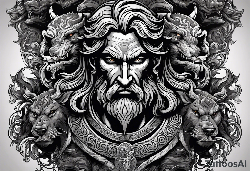 The tattoo features a highly realistic depiction of Hadès, the Greek god of the underworld, holding Cerberus, the three-headed guardian of the underworld, on a chain. Hadès is portrayed with a commanding and imposing presence. His face, marked by stern and intense eyes, exudes authority and control. His dark, flowing hair and beard are rendered with intricate details, adding texture and depth. He is draped in a richly detailed cloak that falls in realistic folds, enhancing his divine and somber demeanor. Cerberus, depicted in a dynamic and fierce pose, is shown with his three heads snarling and baring their fangs. Each head is intricately detailed with lifelike fur, sharp eyes, and menacing expressions. The three heads are chained, with the chains artistically wrapped around Hadès' hand, symbolizing his dominance over the beast. The chains themselves are depicted with realistic textures and shadows, emphasizing their weight and strength. The background remains minimalistic to keep the focus on Hadès and Cerberus. The tattoo uses detailed shading and highlights to bring out the textures of Hadès' cloak, Cerberus' fur, and the chains, capturing the dark and powerful essence of the Greek god and his fearsome guardian. tattoo idea